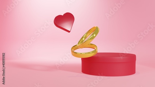 Golden Rings with Ring Box and Heart Love Symbol. 3D Rendering Illustration