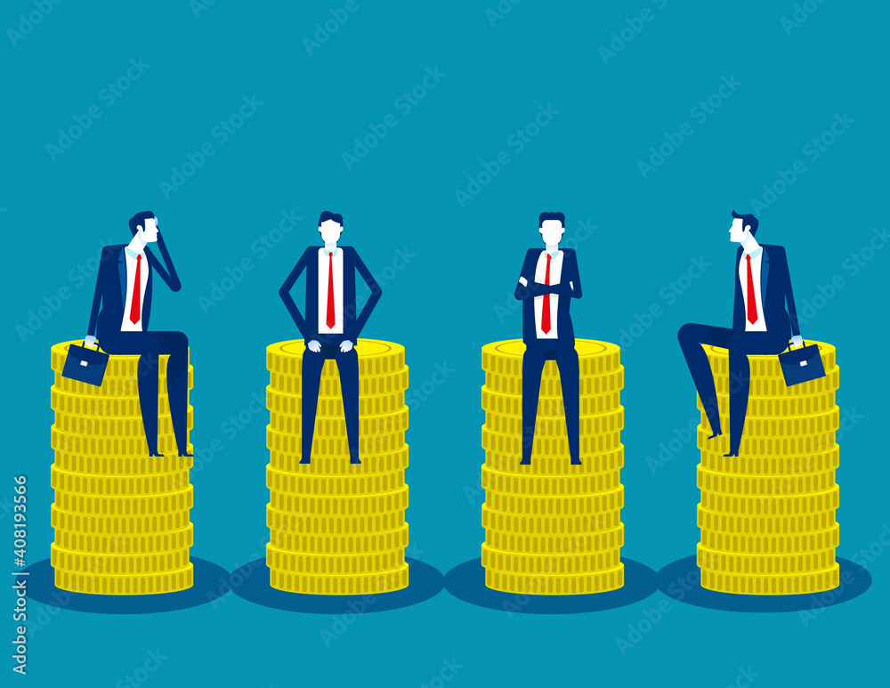 Business team sitting on coin piles. Universal basic income