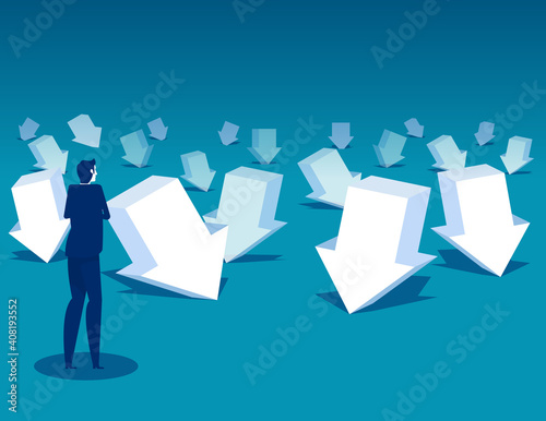 A businessman with a falling arrow. Business financial and economic crisis.