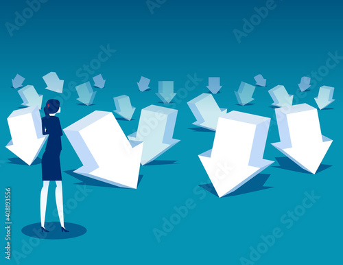 A businesswoman with a falling arrow. Business financial and economic crisis.