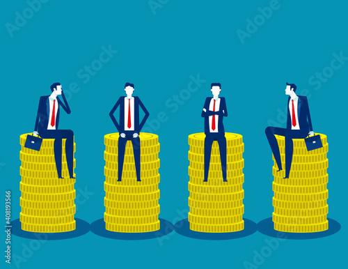 Business team sitting on coin piles. Universal basic income