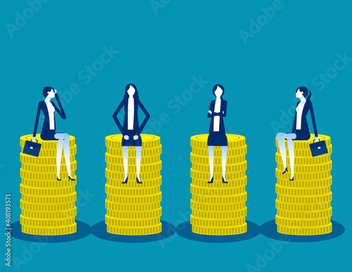 Business team sitting on coin piles. Universal basic income