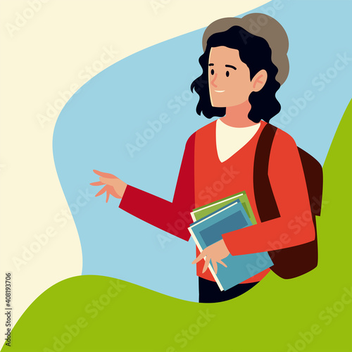 student man with books and bag character, people student university