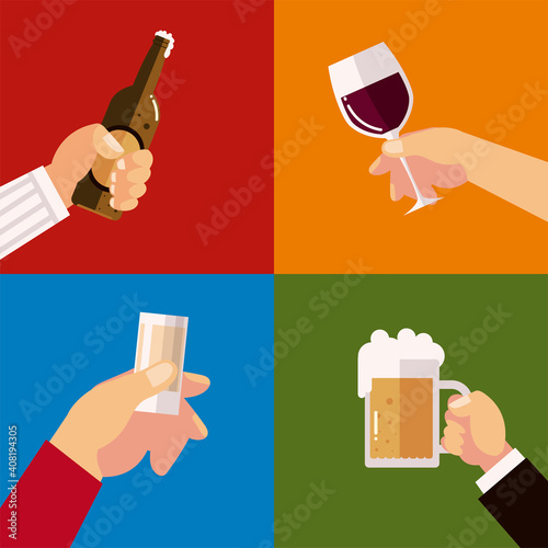hands holds glasses cup bottle beer wine and cocktail drinks, cheers