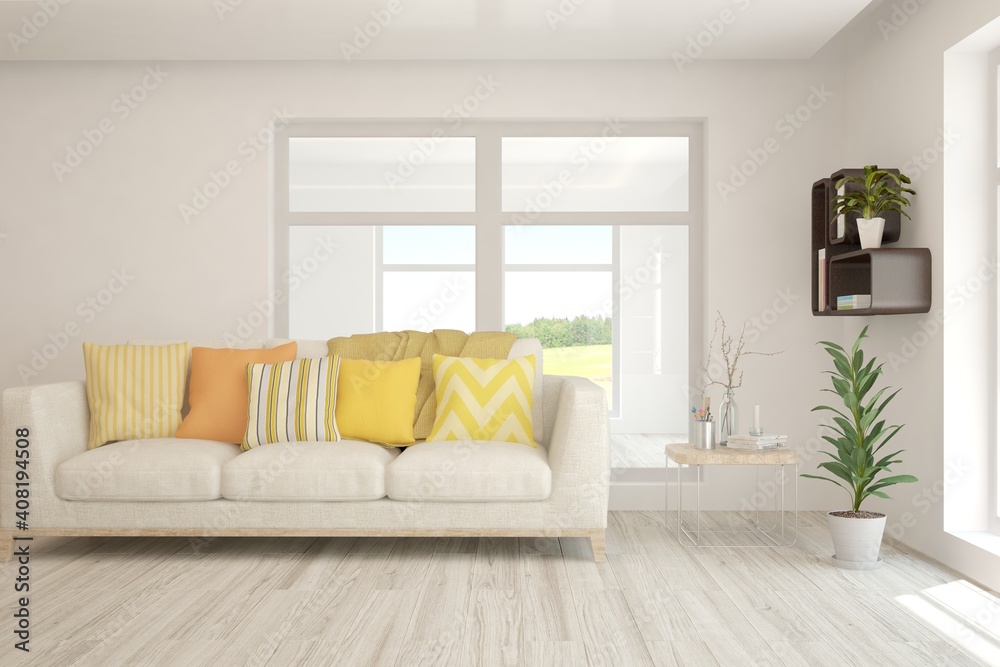 Fototapeta premium White living room with sofa. Scandinavian interior design. 3D illustration