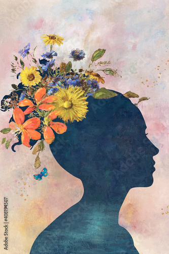 Woman shadow with flowers on painting background vector
