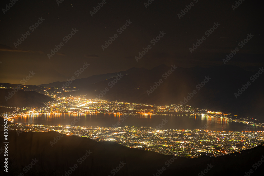 長野県　高ボッチ高原から見た諏訪湖の夜景　諏訪・岡谷