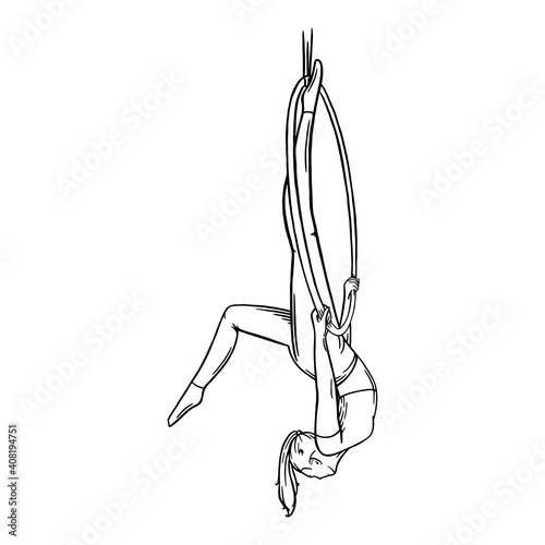 Aerial female gymnast in hoop. Aerial gymnastics strength iproving pose. Sketch vector illustration isolated on white background