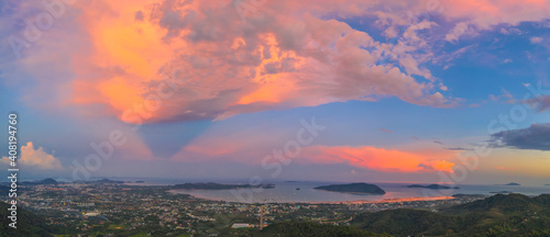 panorama scenery sunset above Chalong gulf. Chalong bay is a center for intense boating activity. early mornings and late afternoons are the busiest times at Chalong, 