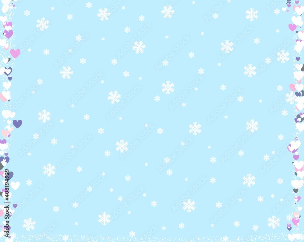 Snowflakes fall on Valentine's Day with a small heart next to it. on blue background.