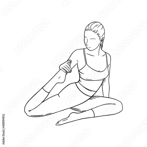 Yoga stretching workout. Yoga girl improving her flexibility pose. Sketch vector illustration isolated on white background