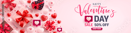 Valentine's Day Sale banner for social media website with sweet hearts,speech bubble and valentine elements on pink background.Promotion and shopping template for love and Valentine's day concept.