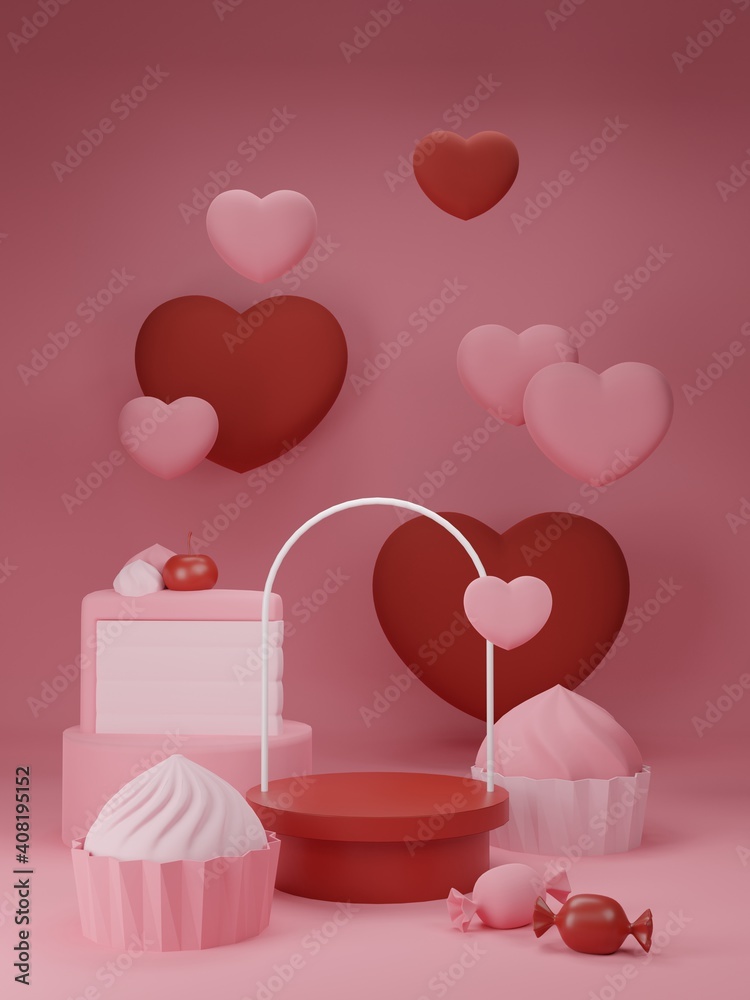 3D rendering product background with cute desserts. Valentine banner.
