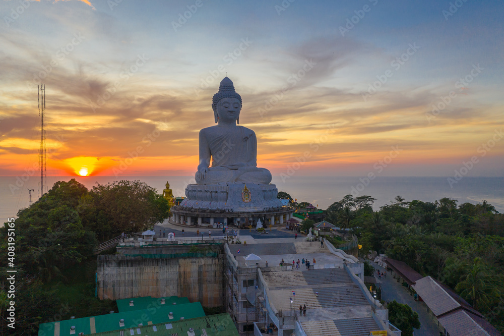 aerial photography scenery sunset at Phuket big Buddha. Phuket Big Buddha is one of the island most .important and revered landmarks on Phuket island.