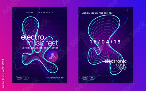 Music fest. Dynamic gradient shape and line. Cool show brochure set. Music fest neon flyer. Electro dance. Electronic trance sound. Techno dj party. Club event poster.