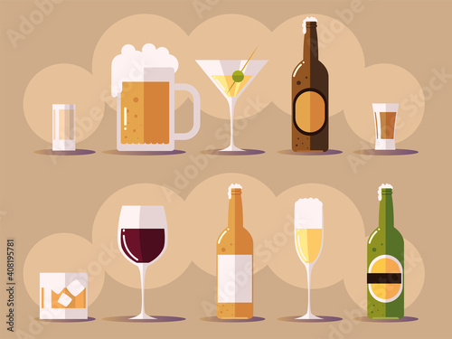 Fotografiet set icons with wine champagne beer botlles, cups with drinks
