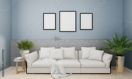Fototapeta Naklejka Na Ścianę i Meble -  A group of mock up poster frame in modern interior wall top of couch with some tree, living room, 3D render, 3D illustration. Light color background.