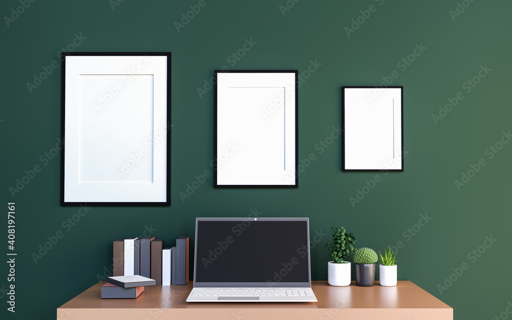 A couple of mock up poster frame in modern interior background top of working table inside room with some trees, 3D render, 3D illustration A couple of mock up poster frame in modern interior background top of working table inside room with some trees, 3D render, 3D illustration