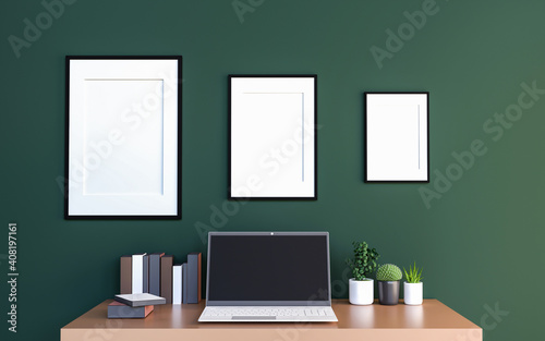 A couple of mock up poster frame in modern interior background top of working table inside room with some trees, 3D render, 3D illustration