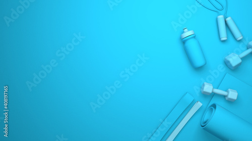 Sports equipment and place for text. Dumbbells, bottle, green yoga mat. 3d render. Copy space for text