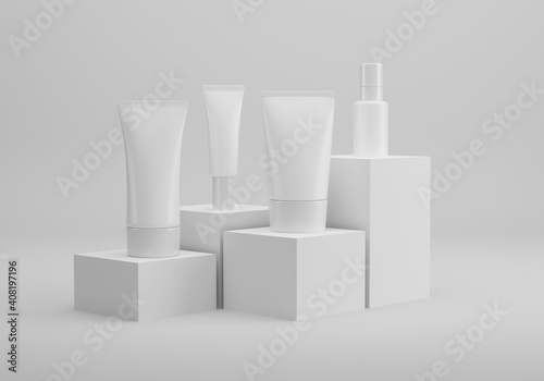 A couple of mock up of realistic White blank cosmetic tube and spray bottle isolated on white background, 3d rendering , 3D illustration