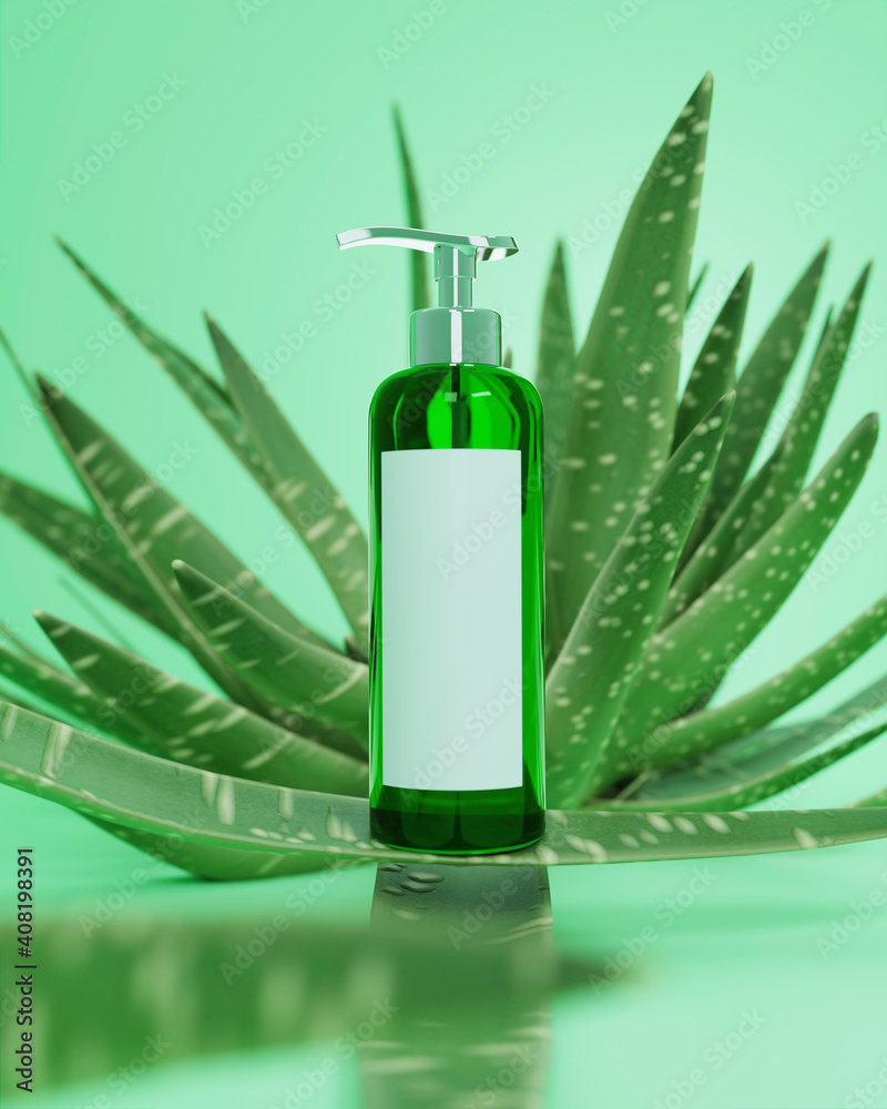 A mock up of blank realistic body lotion bottle isolated on green alo vera background, 3d rendering , 3D illustration A mock up of blank realistic body lotion bottle isolated on green alo vera background, 3d rendering , 3D illustration