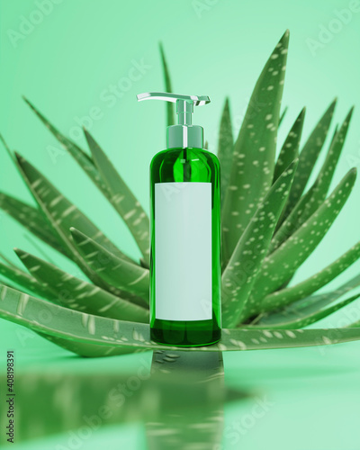 A mock up of blank realistic body lotion bottle isolated on green alo vera background, 3d rendering , 3D illustration