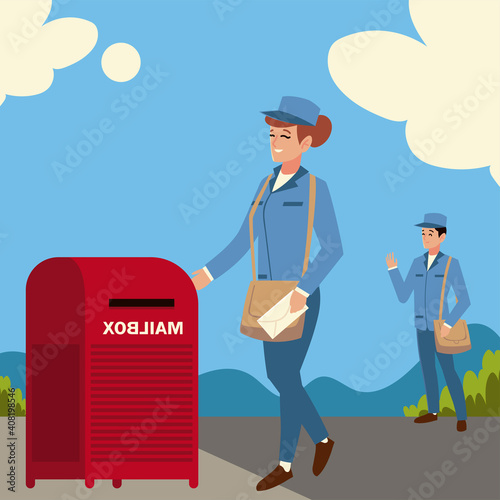 postal service workers with bag in the street