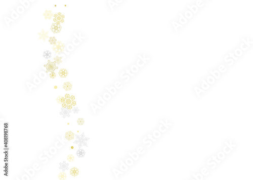 Gold snowflakes frame on white background. New year theme. Horizontal shiny Christmas frame for holiday banner  card  sale  special offer. Falling snow with gold snowflake and glitter for party invite