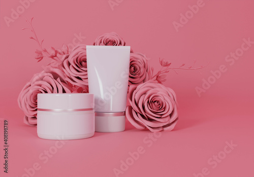 A mock up of realistic White blank cosmetic tube and jar isolated on light pink floral background, 3d rendering , 3D illustration