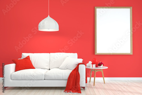 valentine home interior, luxury modern living room interior, red wall with a mock up poster frame, couch and coffee table, 3d rendering