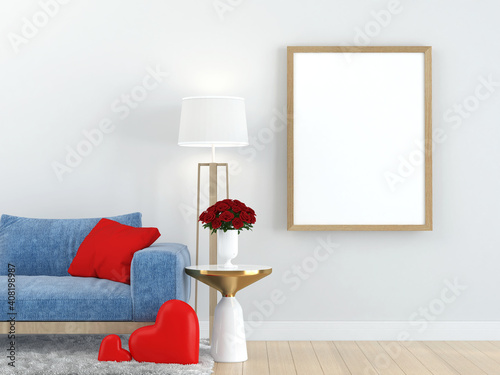 valentine home interior, luxury wooden floor modern living room interior, white wall with a mock up poster frame,  couch and coffee table, 3d rendering photo