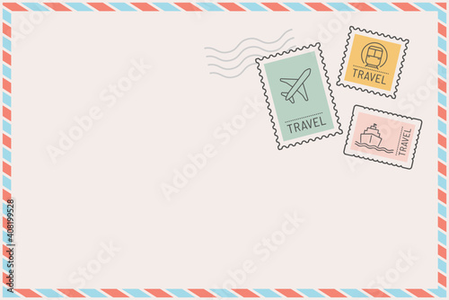 Stamped postcard frame with travel theme vector photo