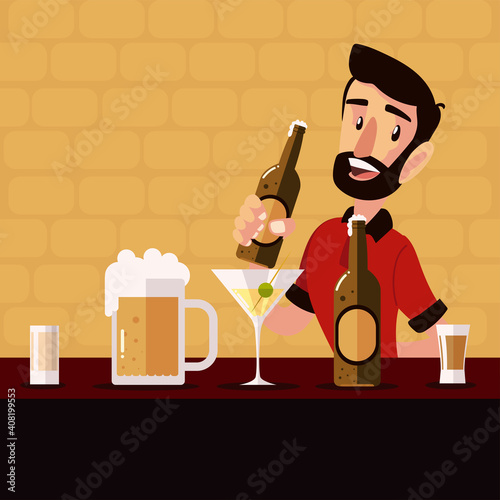 cartoon bartender holding beer bottle and drinks
