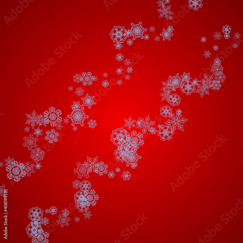 Christmas frame with snowflakes on red background. Santa Claus colors. Stylish Christmas frame for holiday banners, cards, sales, special offers. Falling snow with bokeh and flakes for celebration