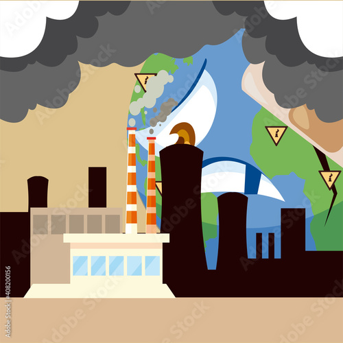 sad planet polluting factories, bad impact on ecology and nature