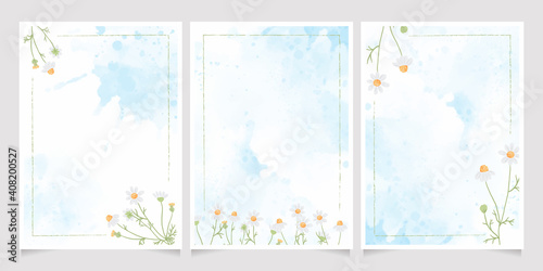 white chamomile  on blue watercolor splash wedding invitation background collection