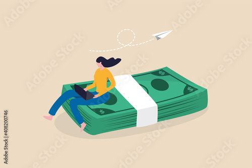 Online business making money, salary or multi income stream, side hustle or side gig earning, investment return concept, young woman working with computer laptop sitting on heap of dollar banknotes Fototapet