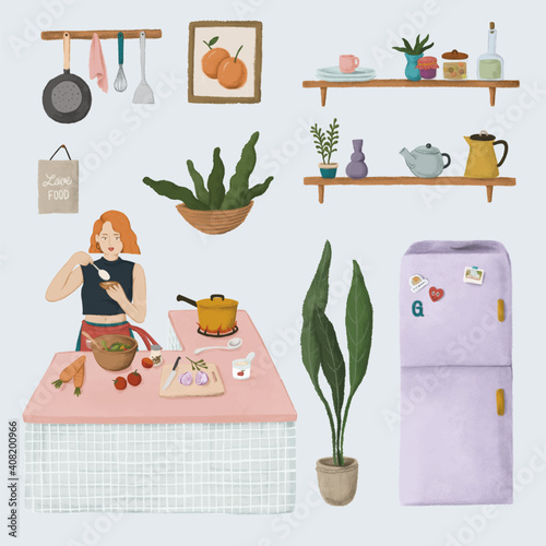 Daily routine life of a girl cooking in a kitchen and home stuffs sticker vector