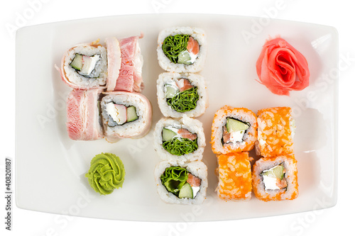 Japan sushi rolls isolated on white background. Restaurant serving concept.