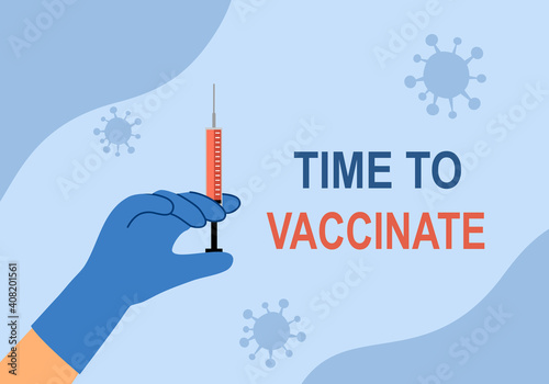 Time to vaccinate. COVID-19 coronavirus vaccine concept. Doctor hand holding injection syringe with virus cells on background.