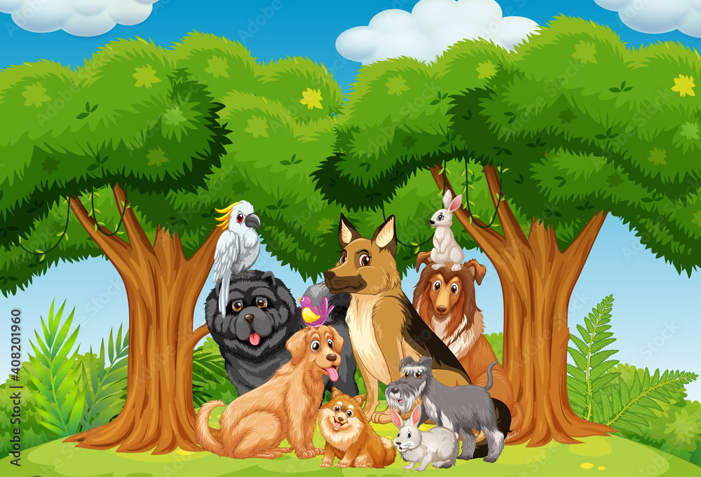 Group of pet in the park scene Group of pet in the park scene