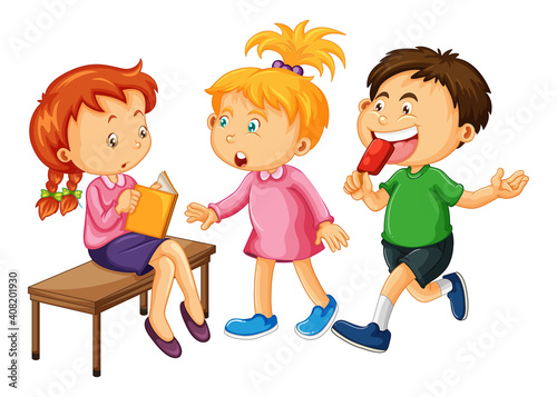 Group of young children cartoon character on white background