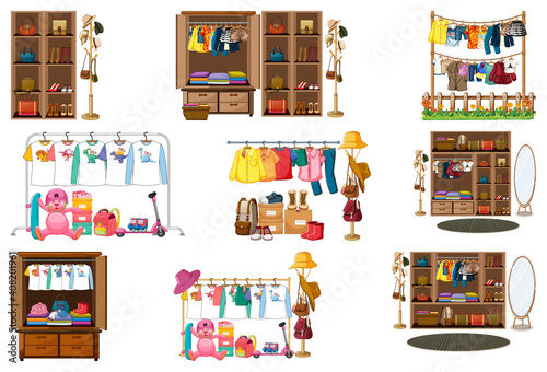 Set of clothes, accessories and wardrobe isolated on white background