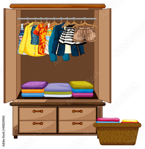 Clothes hanging in wardrobe with clothes basket on white background
