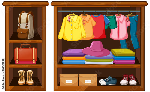 Clothes hanging in wardrobe with accessories on white background