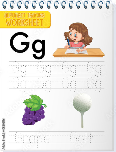 Alphabet tracing worksheet with letter and vocabulary