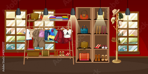 Clothes hanging on a clothes rack with accessories on shelves in the room scene