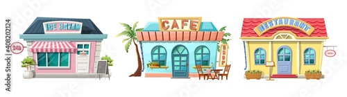 Vector cartoon style cafe, restaurant and ice cream place.