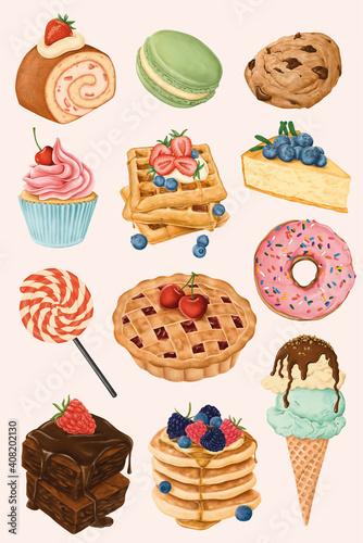 Delicious hand painted desserts vector set